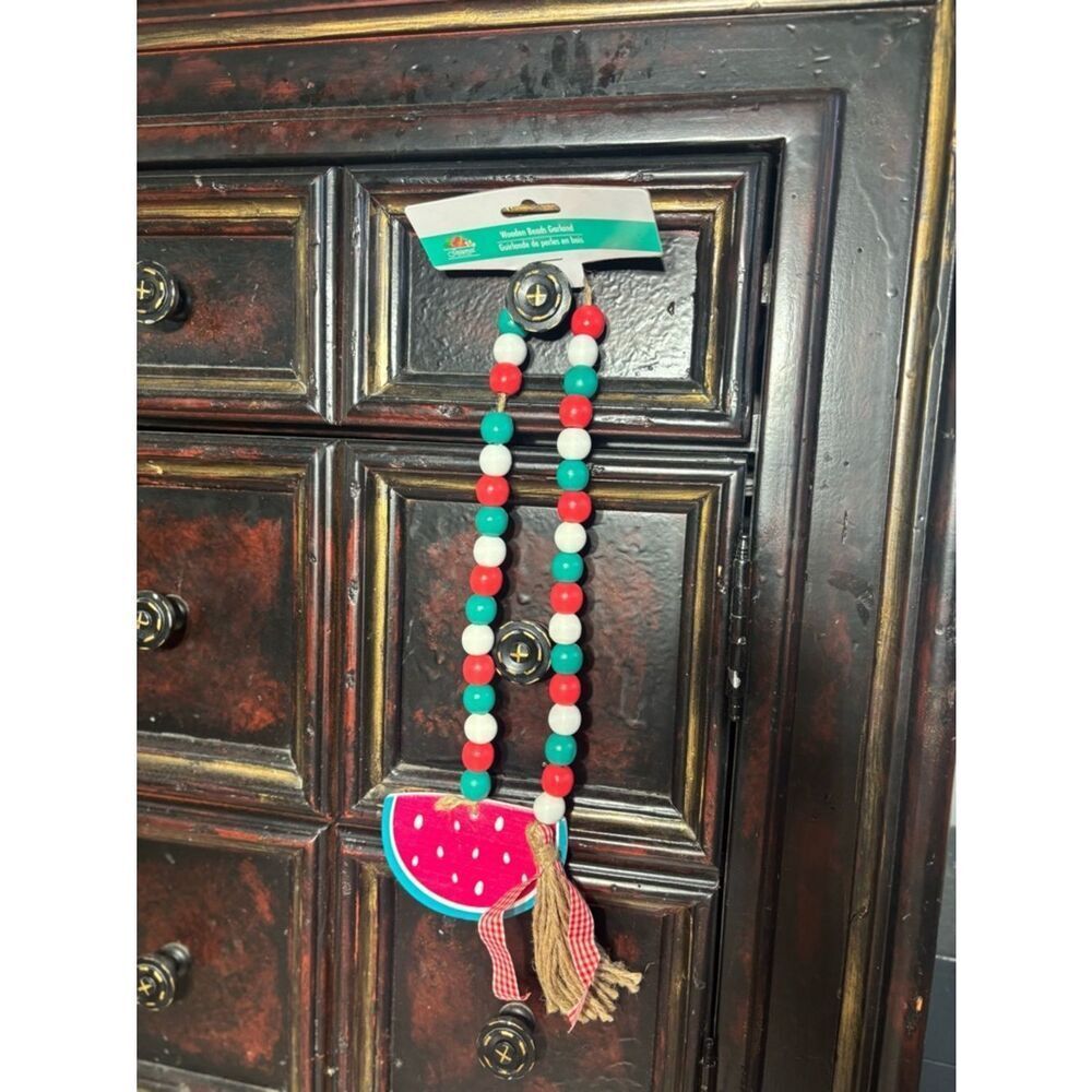 New Watermelon Wooden Bead Garland - Red, Green & White